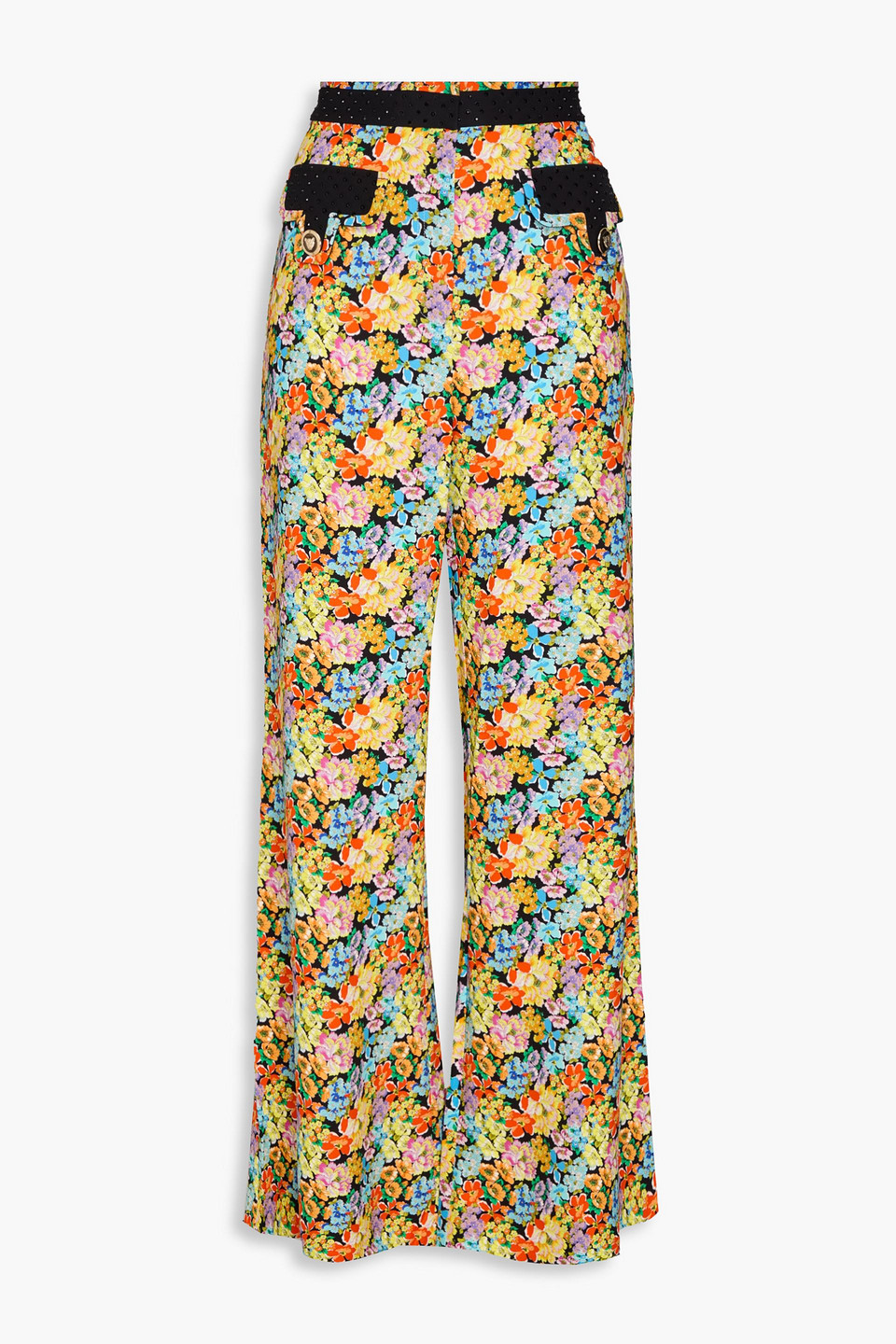 Crystal-embellished floral-print crepe flared pants