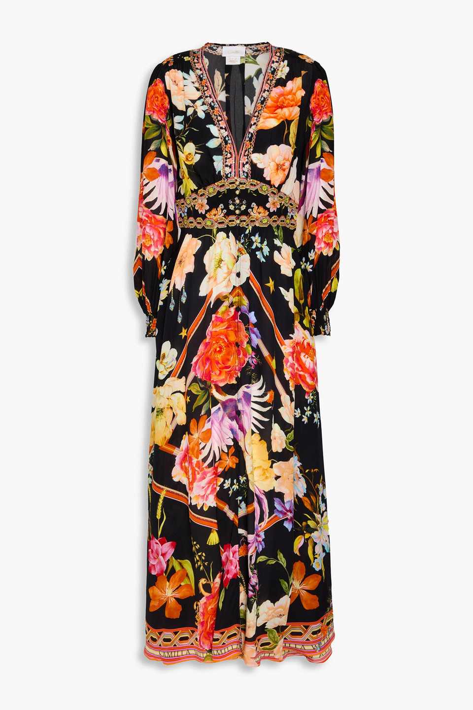 CAMILLA CRYSTAL-EMBELLISHED FLORAL-PRINT SILK CREPE DE CHINE MAXI DRESS