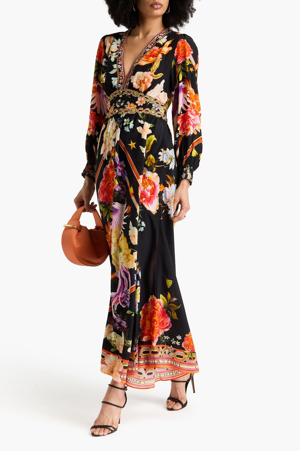 CAMILLA CRYSTAL-EMBELLISHED FLORAL-PRINT SILK CREPE DE CHINE MAXI DRESS