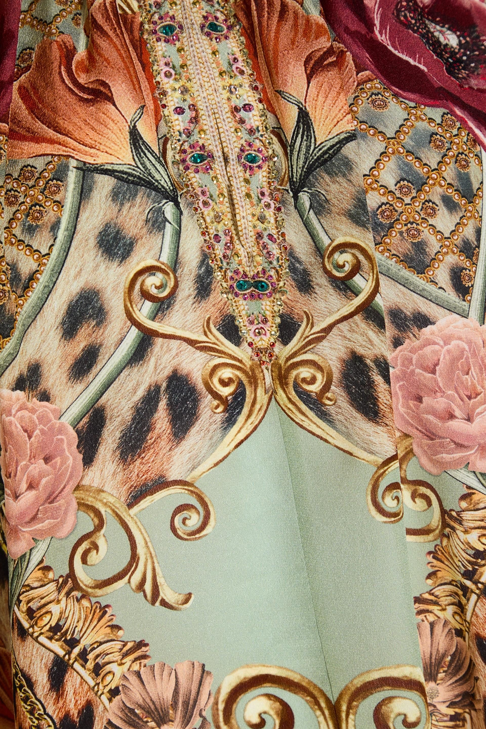 Camilla Crystal-embellished Printed Silk Crepe De Chine Top In Sage Green