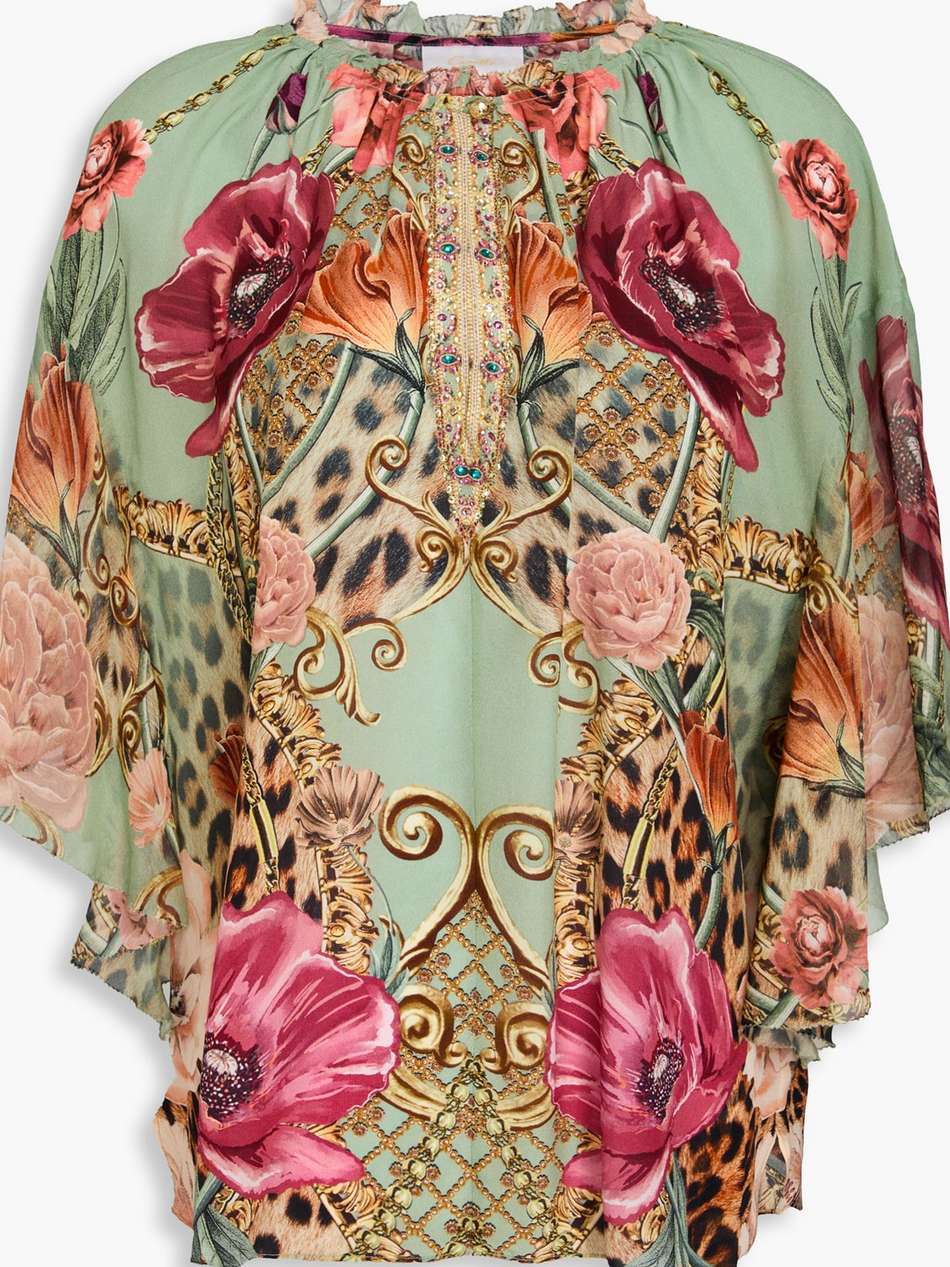 crystal-embellished printed silk crepe de chine top