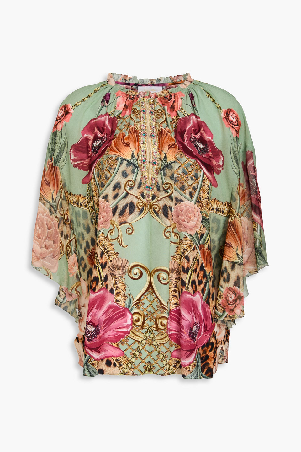 Camilla Crystal-embellished Printed Silk Crepe De Chine Top In Sage Green