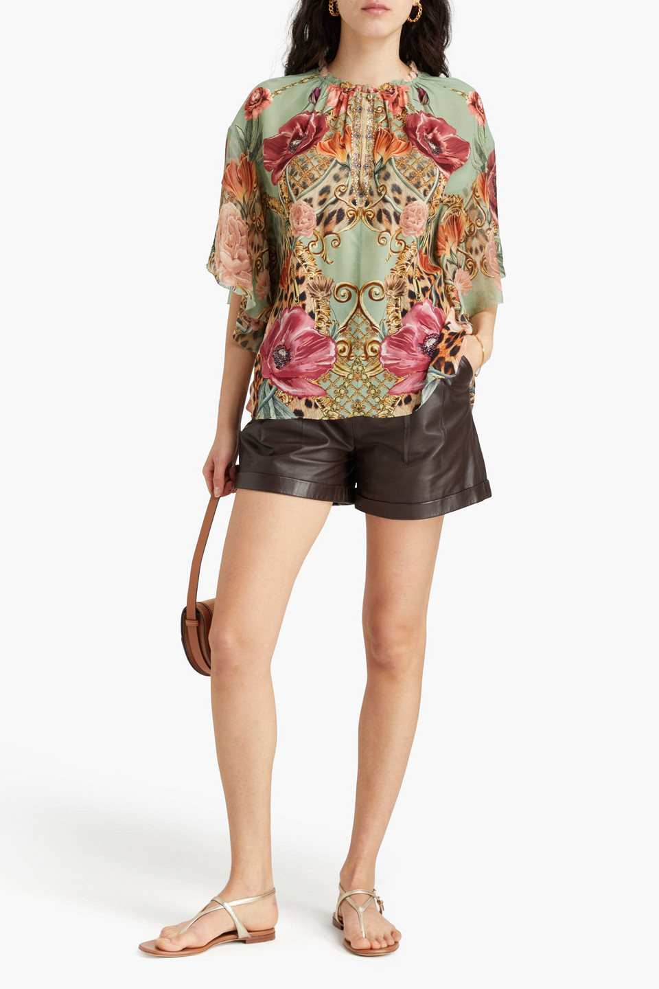 Camilla Crystal-embellished Printed Silk Crepe De Chine Top In Sage Green