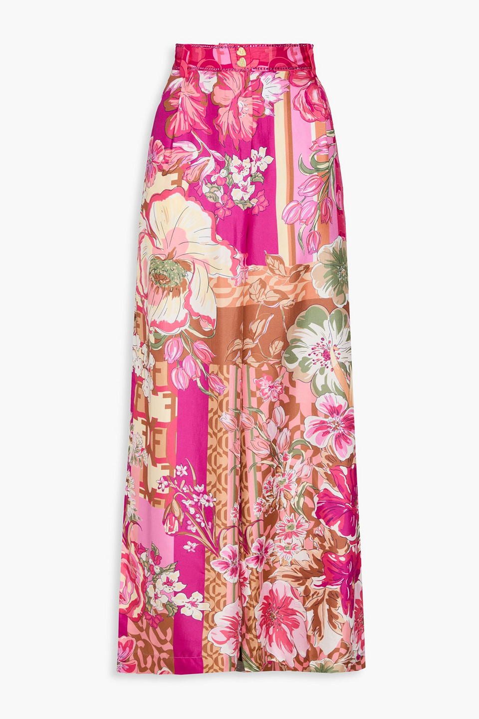 Crystal-embellished floral-print silk-twill wide-leg pants