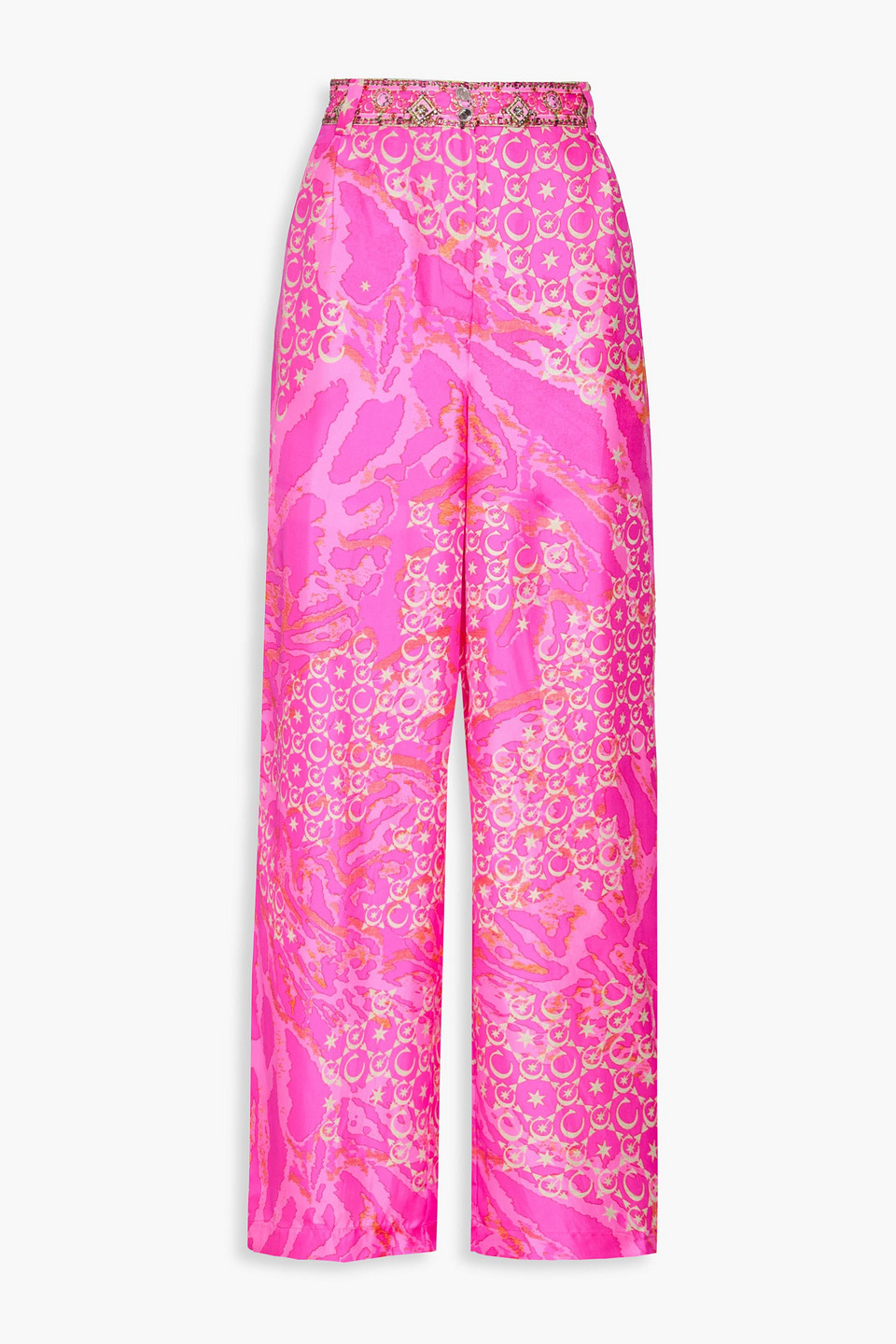 Camilla Crystal-embellished Printed Silk-twill Wide-leg Pants In Bright Pink