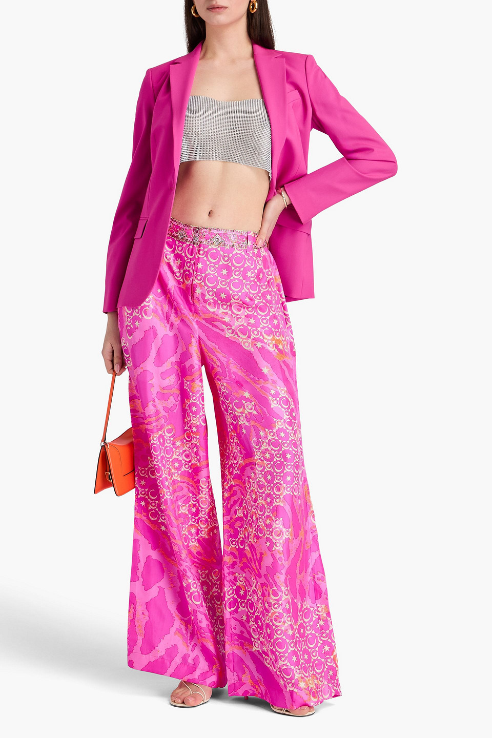 Shop Camilla Crystal-embellished Printed Silk-twill Wide-leg Pants In Bright Pink