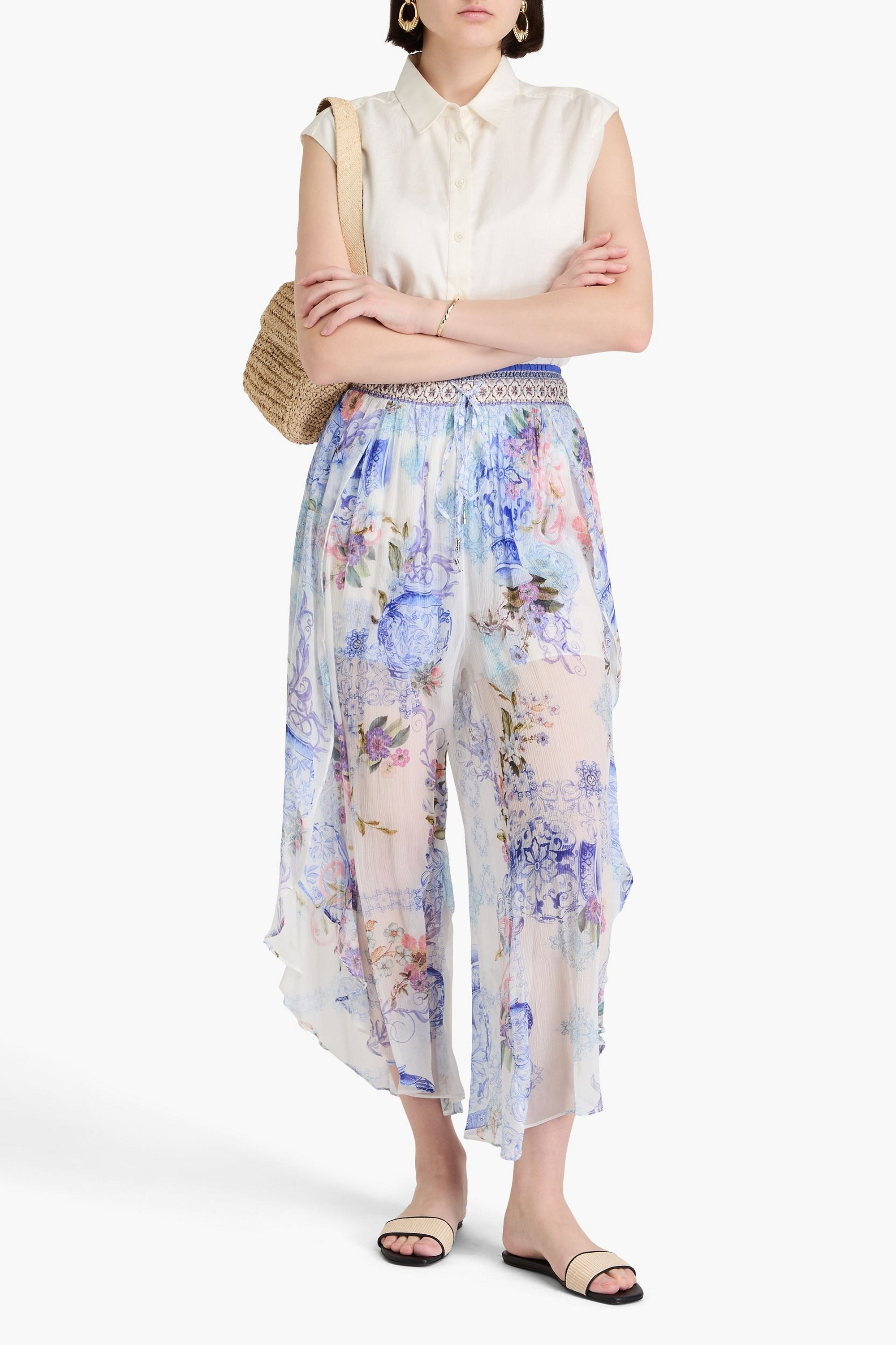 Camilla Printed silk-crepon culottes