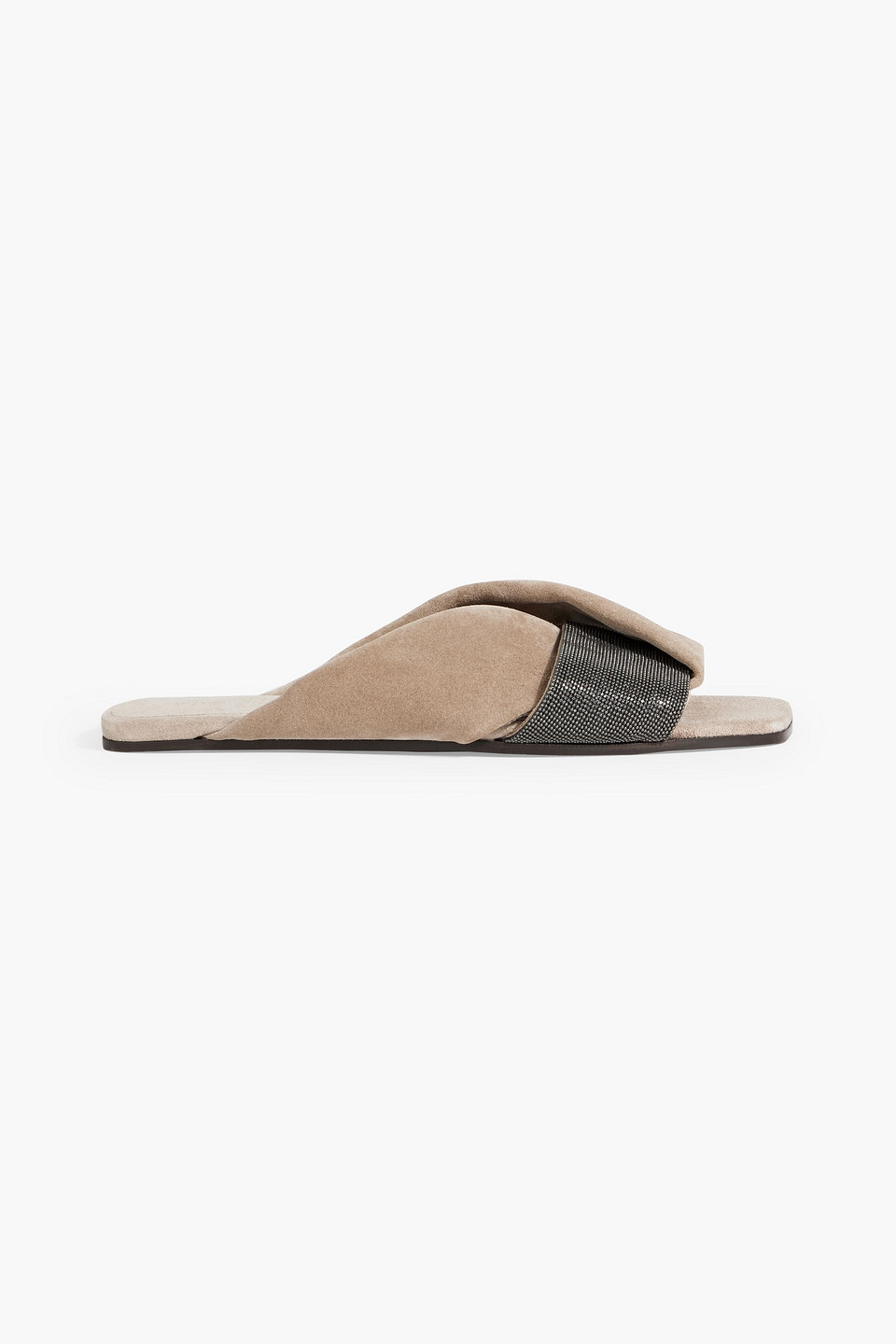 Brunello Cucinelli Bead-embellished Suede Sandals In Mushroom