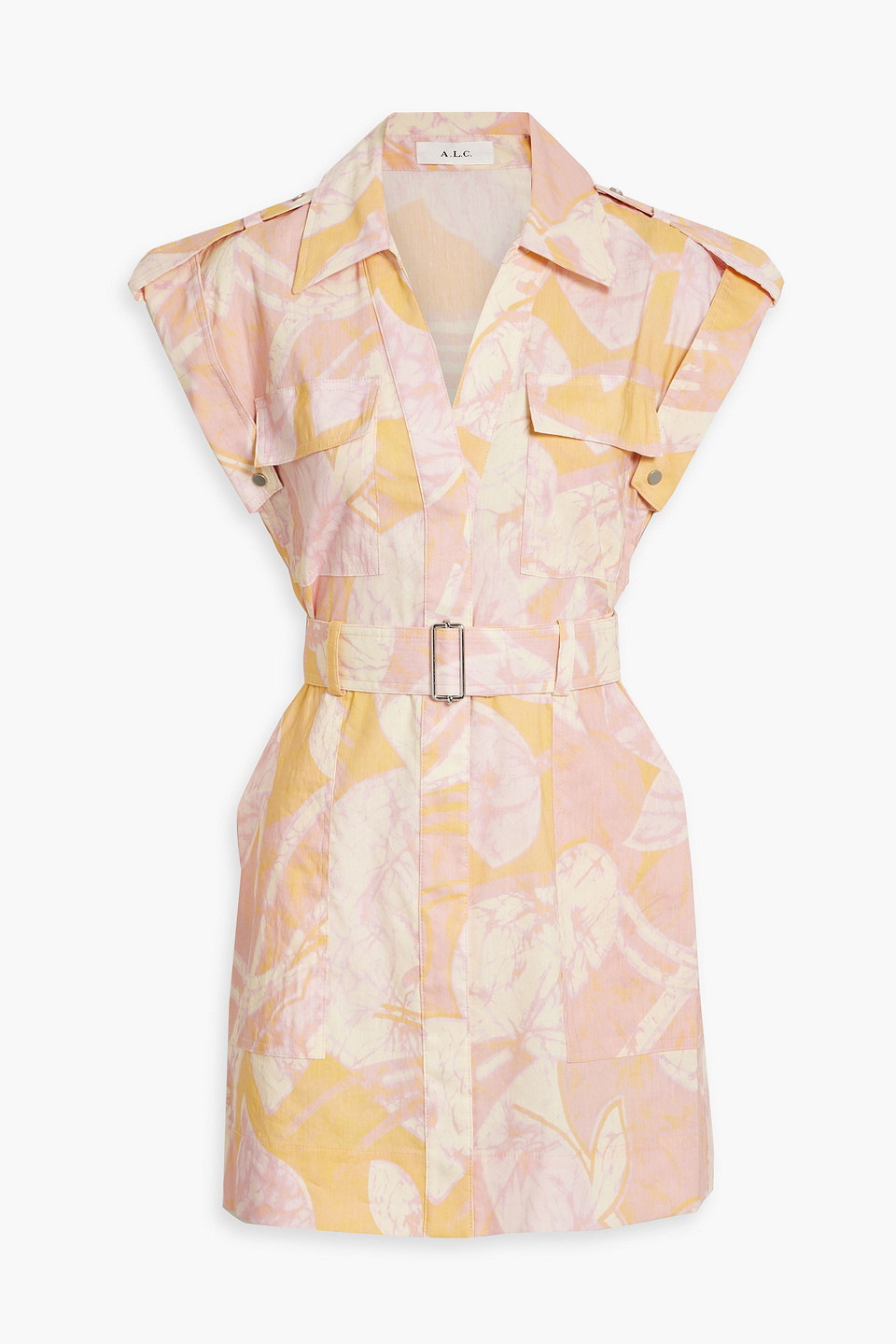 Ava II belted printed linen-blend mini shirt dress