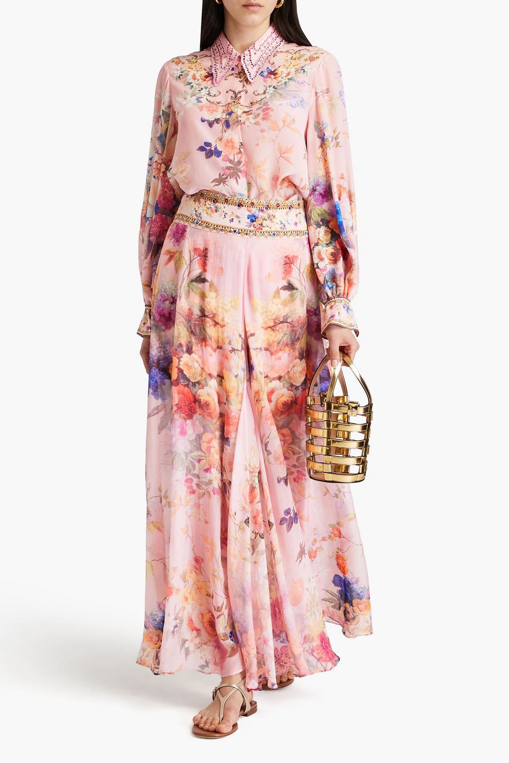 CAMILLA Verzierte Bluse aus Crêpe de Chine aus Seide mit floralem Print
