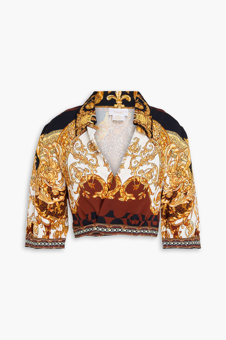 Camilla Cropped Crystal-embellished Crepe Wrap Top In Marigold