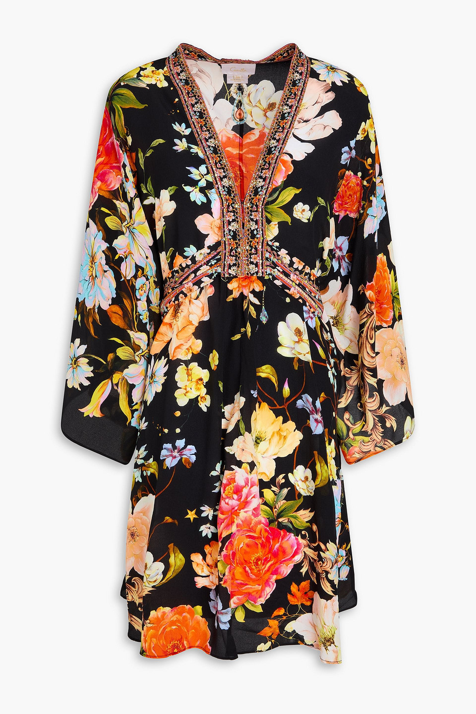 Camilla Crystal-embellished Floral-print Silk Crepe De Chine Kaftan In Black