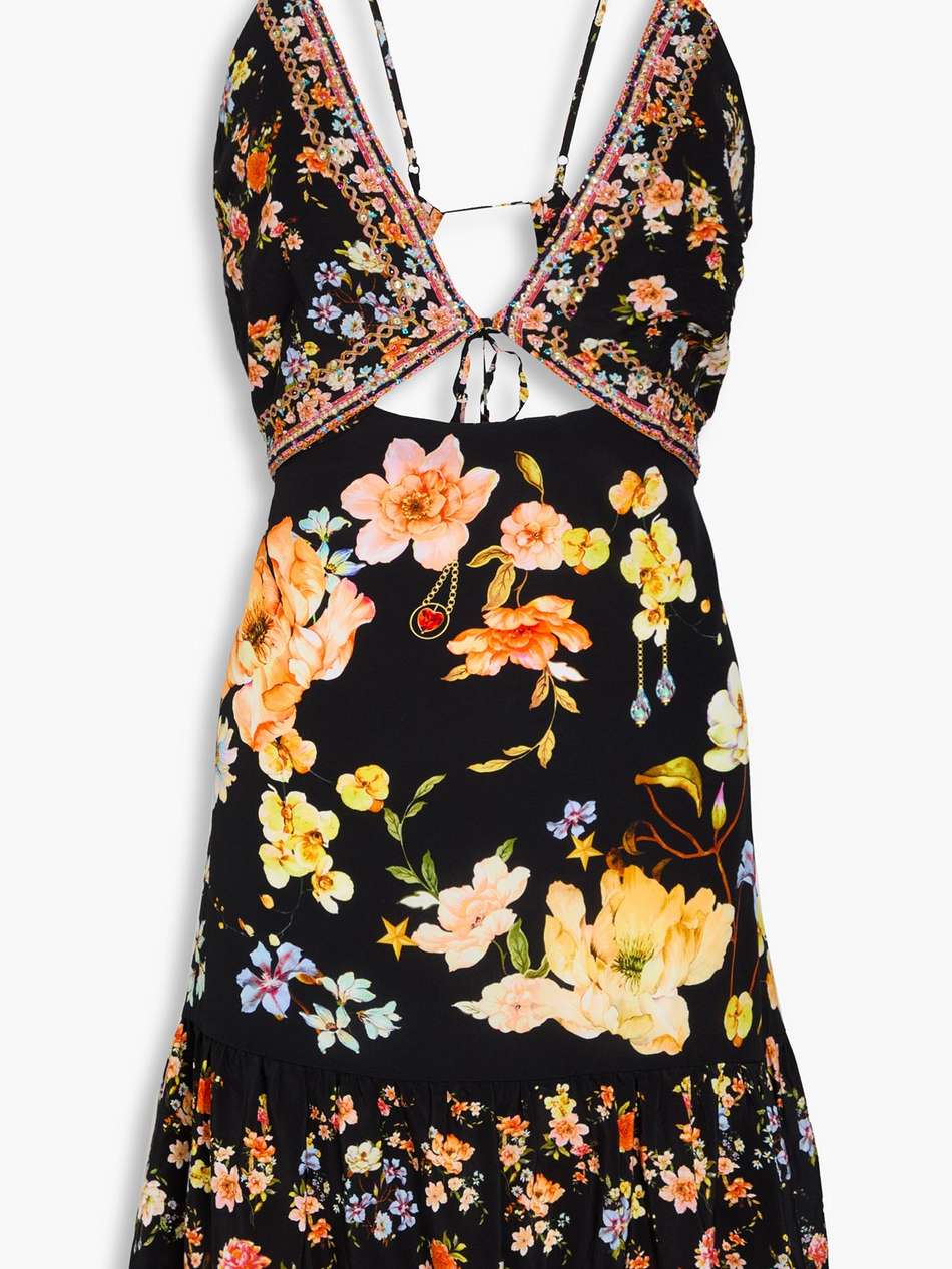 embellished floral-print silk crepe de chine mini dress