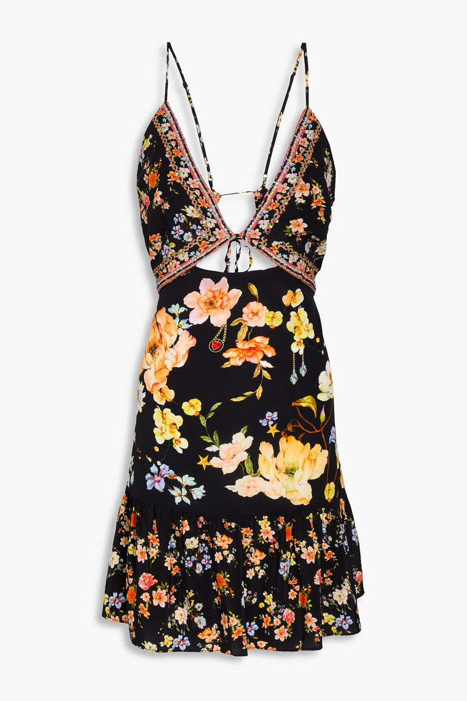 Embellished floral-print silk crepe de chine mini dress