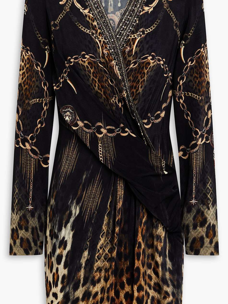 crystal-embellished printed stretch-jersey mini dress