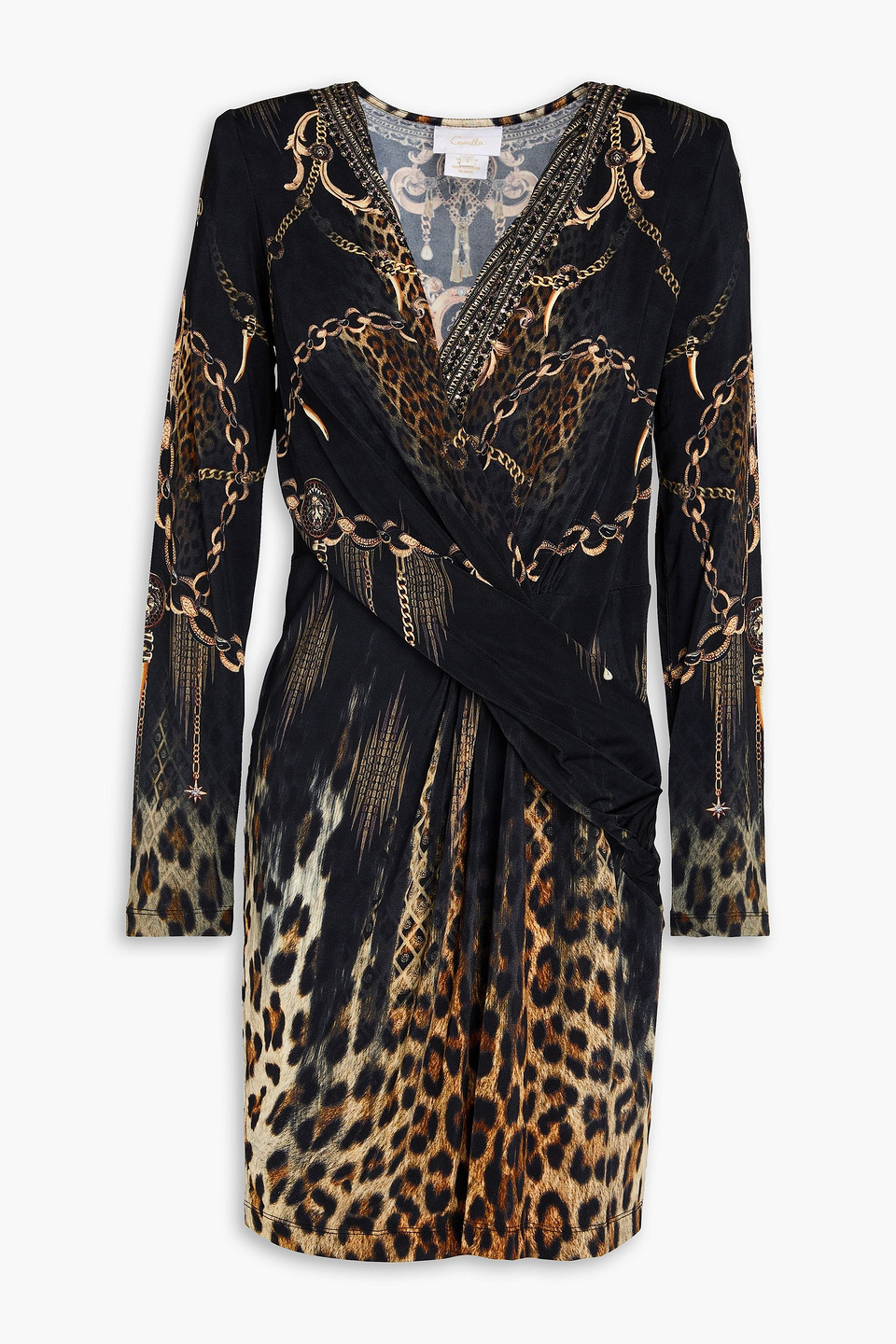 Crystal-embellished printed stretch-jersey mini dress