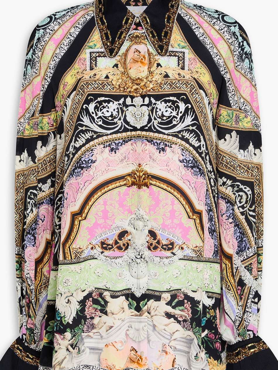 crystal-embellished printed silk crepe de chine blouse