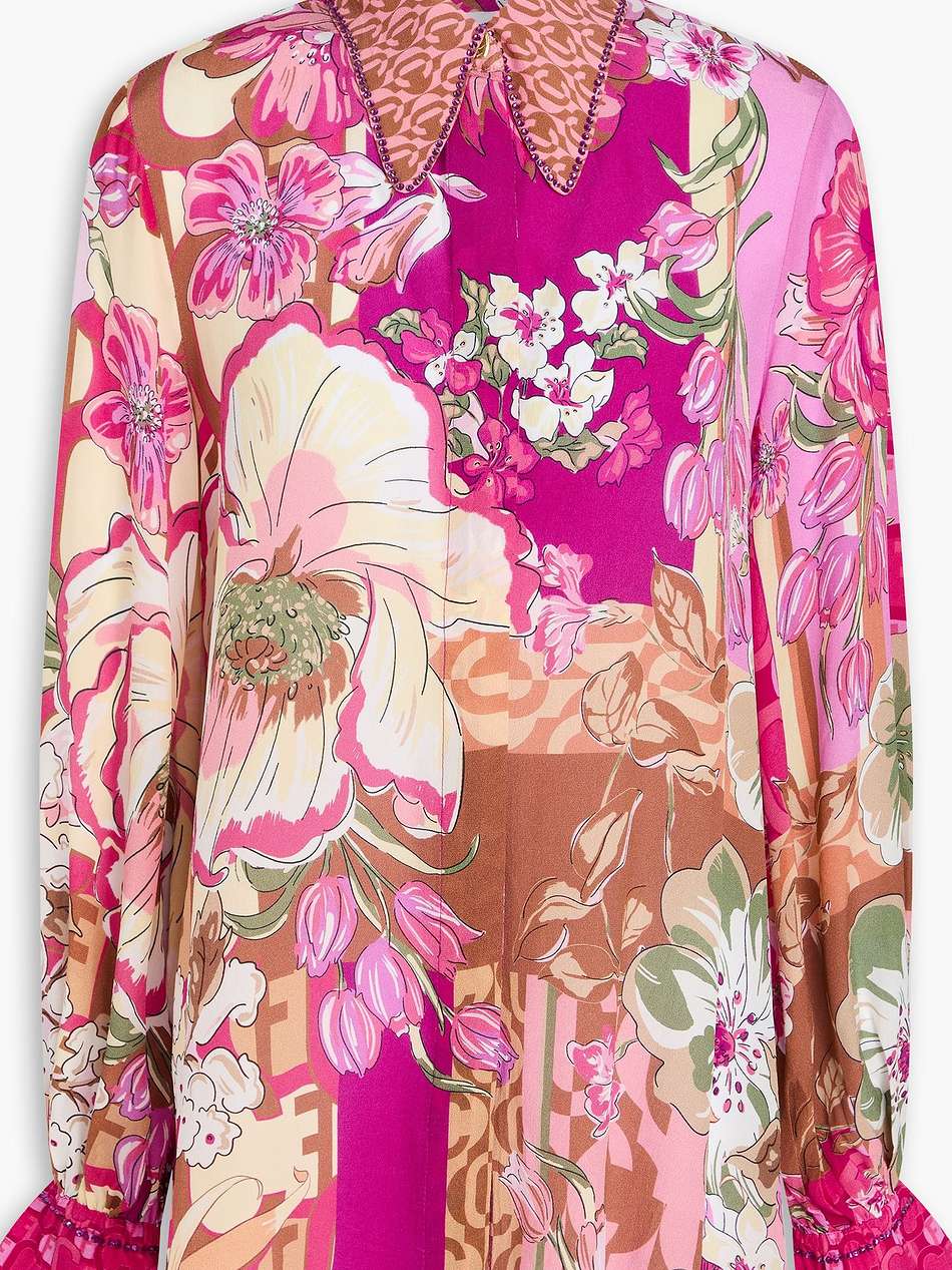 crystal-embellished floral-print silk crepe de chine blouse