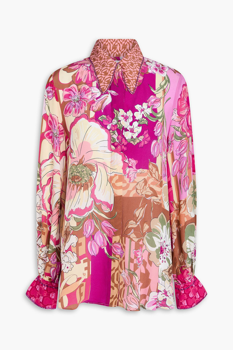 Camilla Crystal-embellished Floral-print Silk Crepe De Chine Blouse In Fuchsia