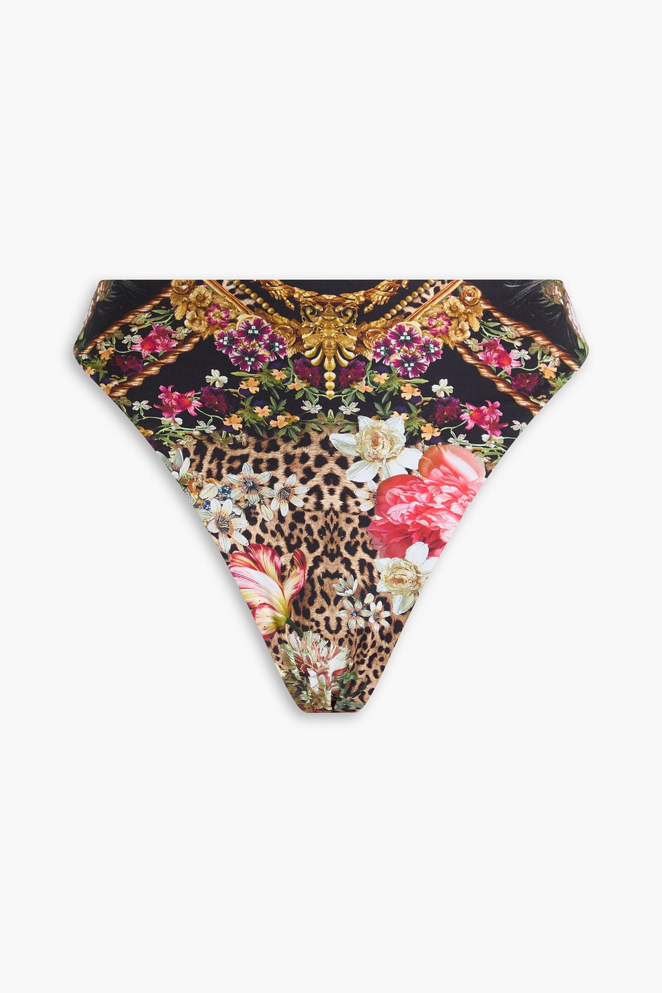 Crystal-embellished floral-print high-rise bikini briefs