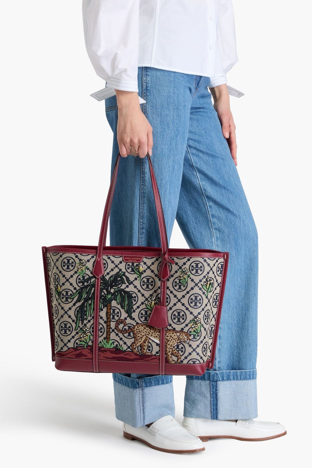 TORY BURCH Perry Tote Bag aus Jacquard mit Lederbesatz