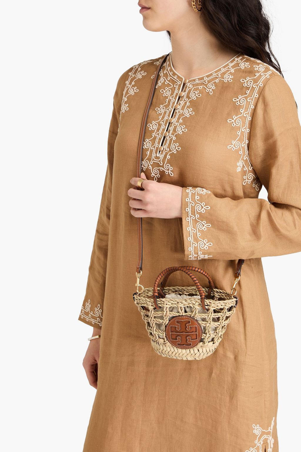 TORY BURCH Ella mini leather-trimmed straw tote
