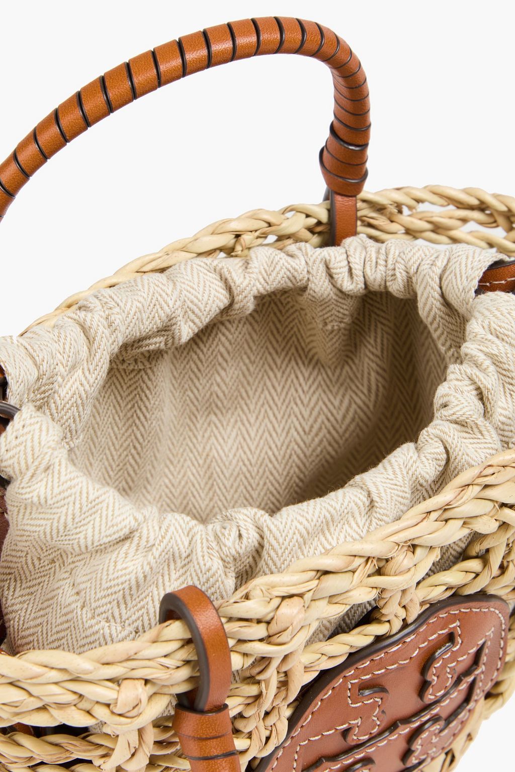 TORY BURCH Ella mini leather-trimmed straw tote