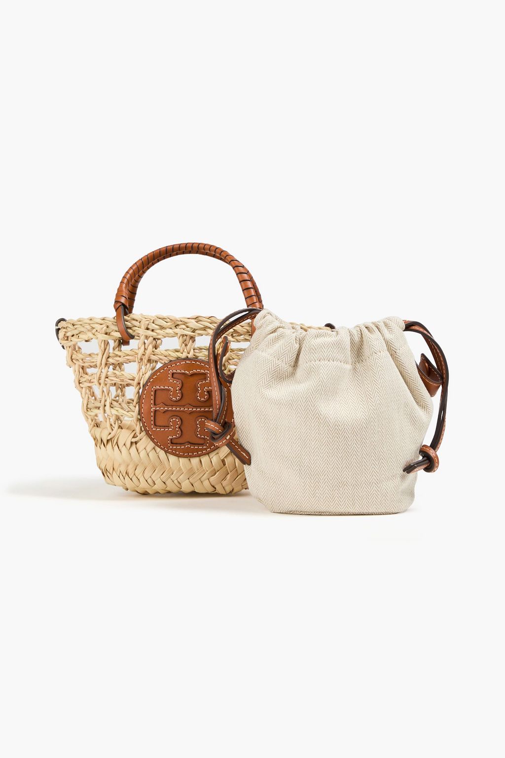 TORY BURCH Ella mini leather-trimmed straw tote