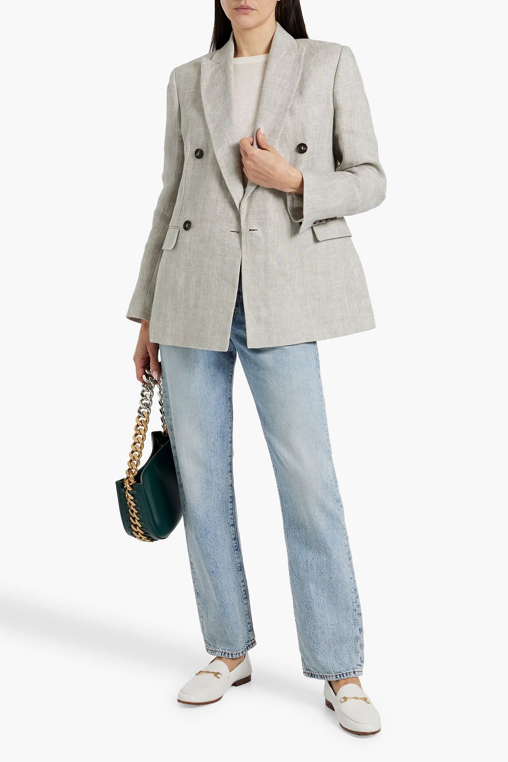 BRUNELLO CUCINELLI リネンジャカード ダブルブレストブレザー ビーズ付き