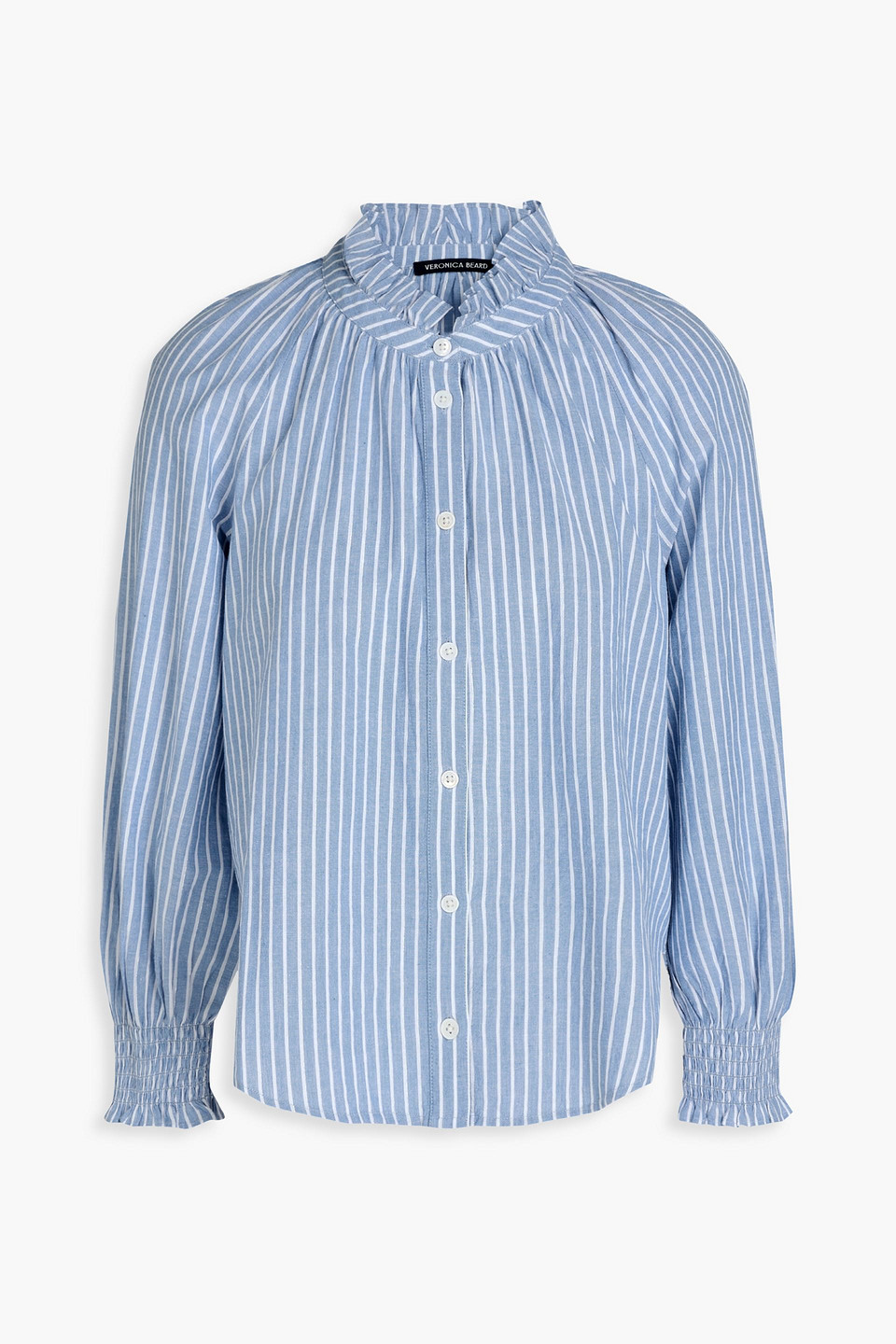 Veronica Beard Calisto Ruffled Metallic Striped Cotton-blend Shirt In Bleu