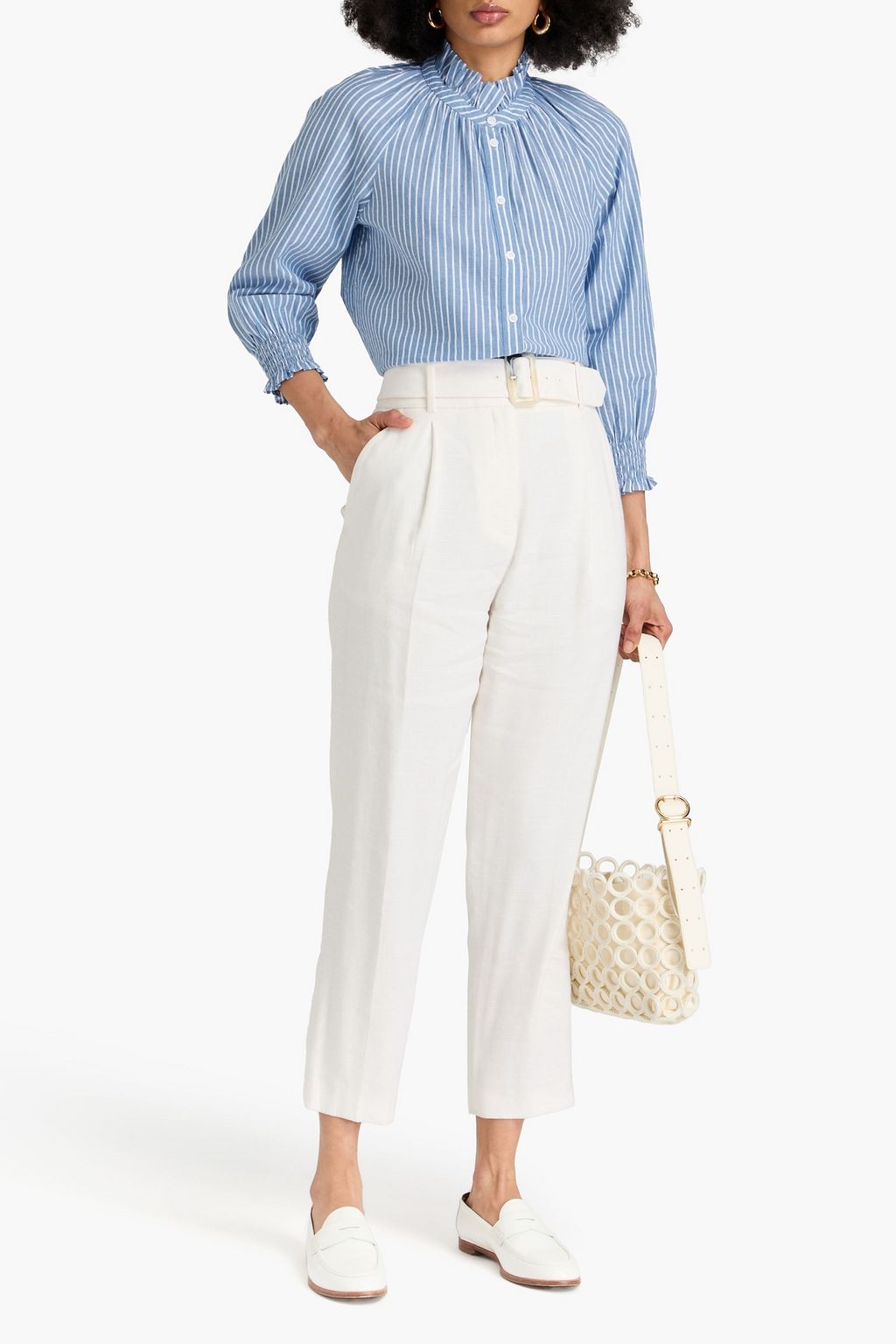VERONICA BEARD Calisto ruffled metallic striped cotton-blend shirt