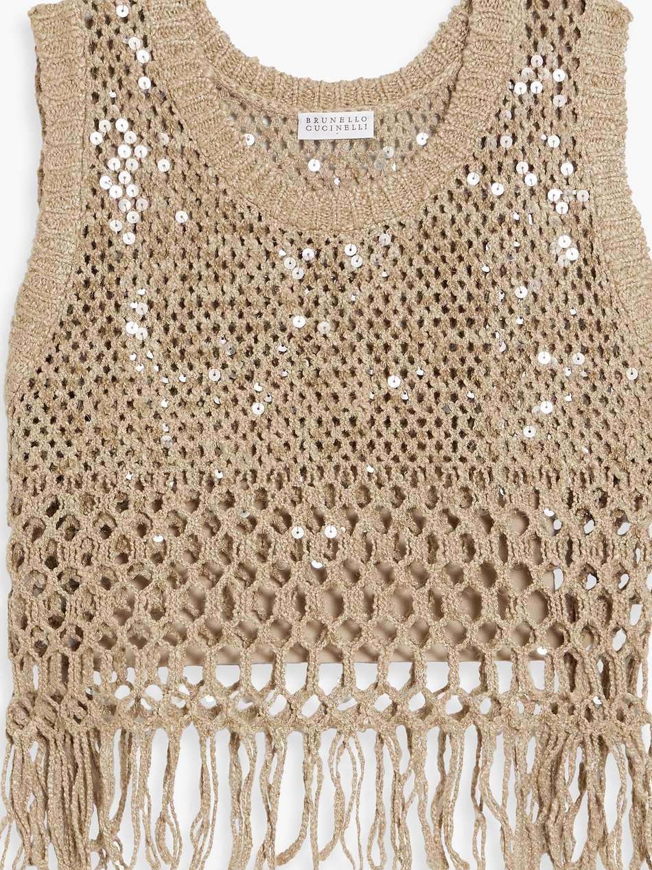 fringed open-knit silk and linen-blend top
