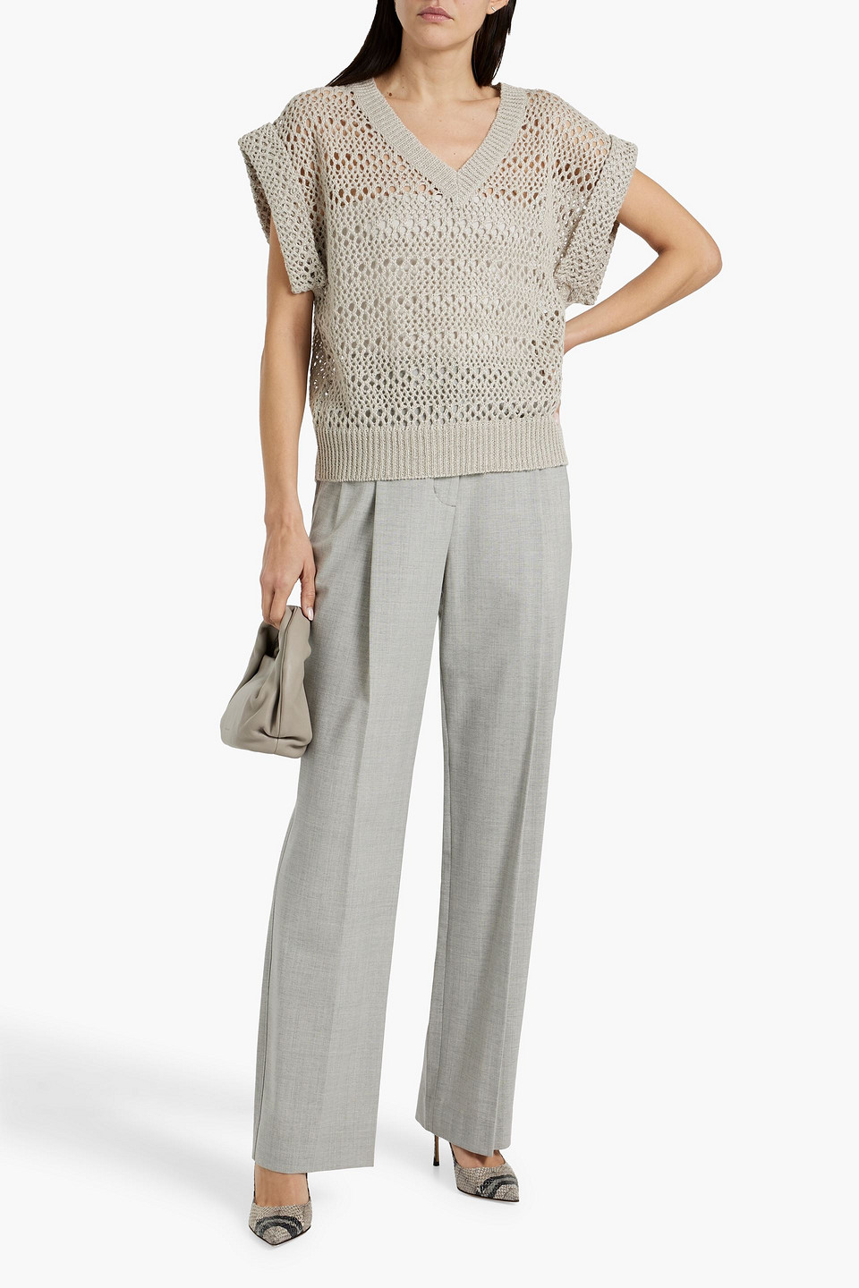 BRUNELLO CUCINELLI OPEN-KNIT LINEN AND SILK-BLEND SWEATER