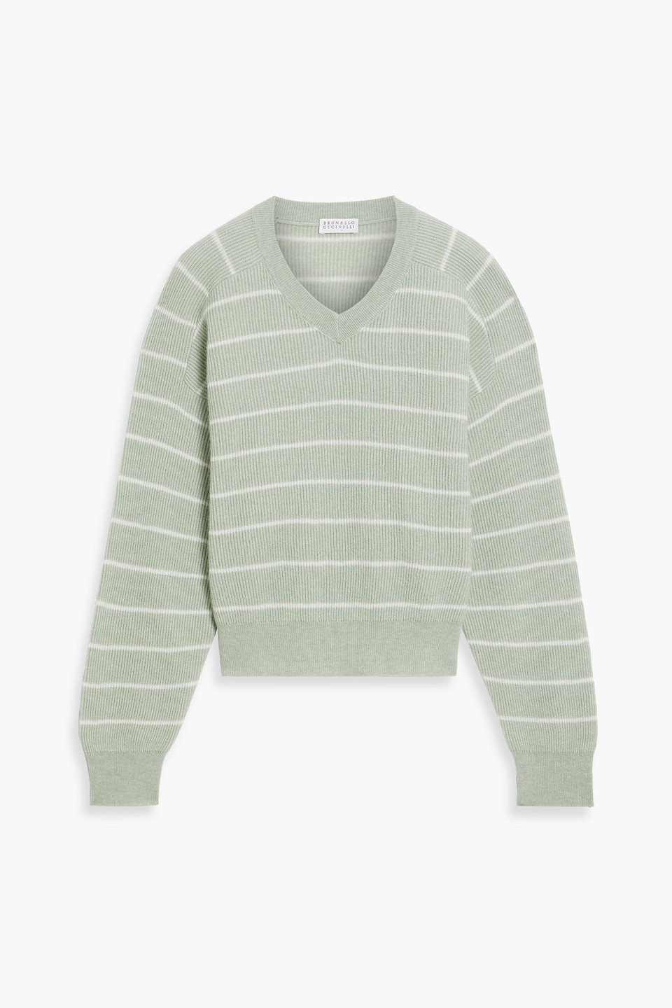 Brunello Cucinelli Striped Ribbed Cotton And Alpaca-blend Sweater In Sage Green
