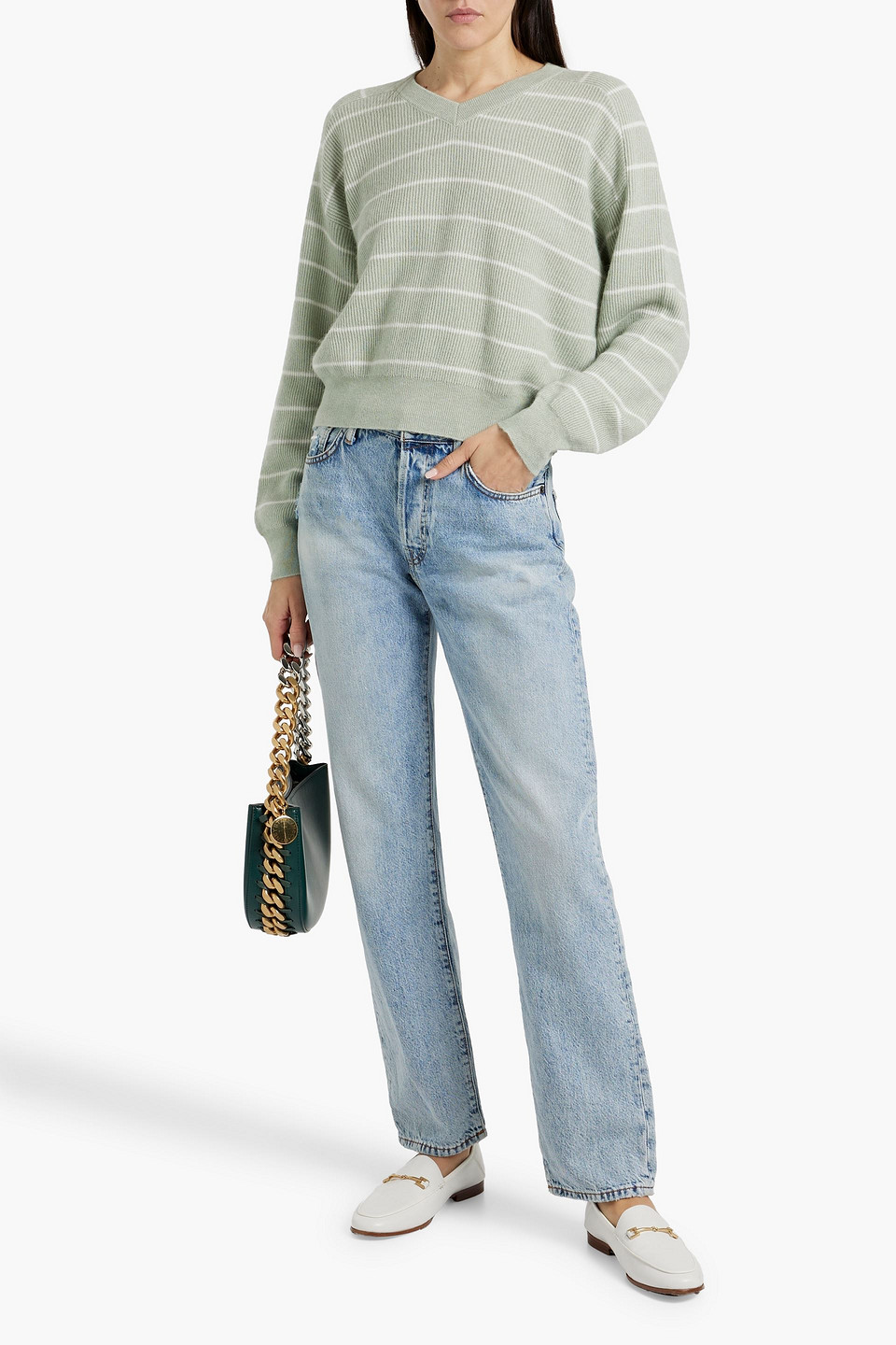 Brunello Cucinelli Striped Ribbed Cotton And Alpaca-blend Sweater In Sage Green