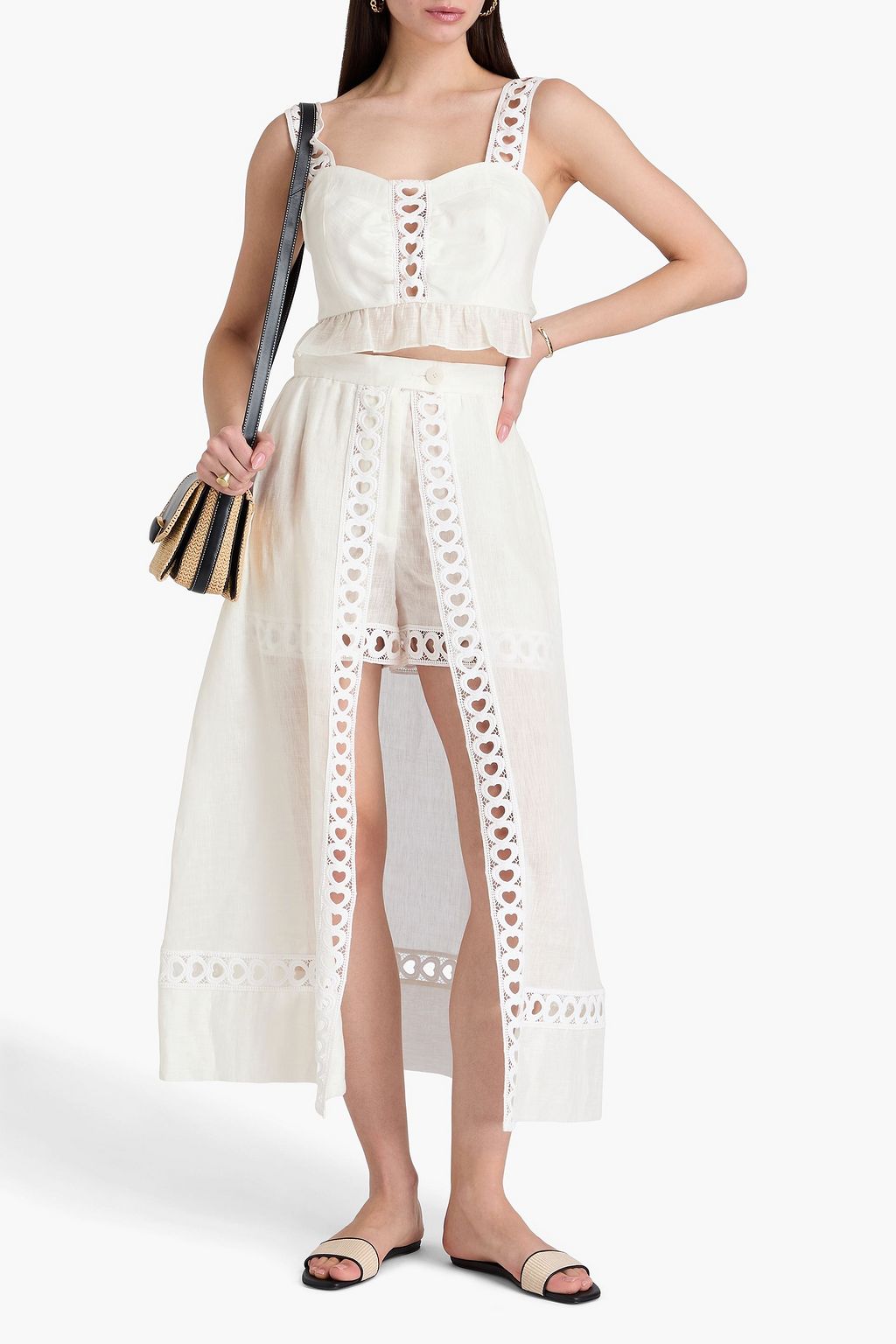 SANDRO Cropped crochet-trimmed linen-blend top