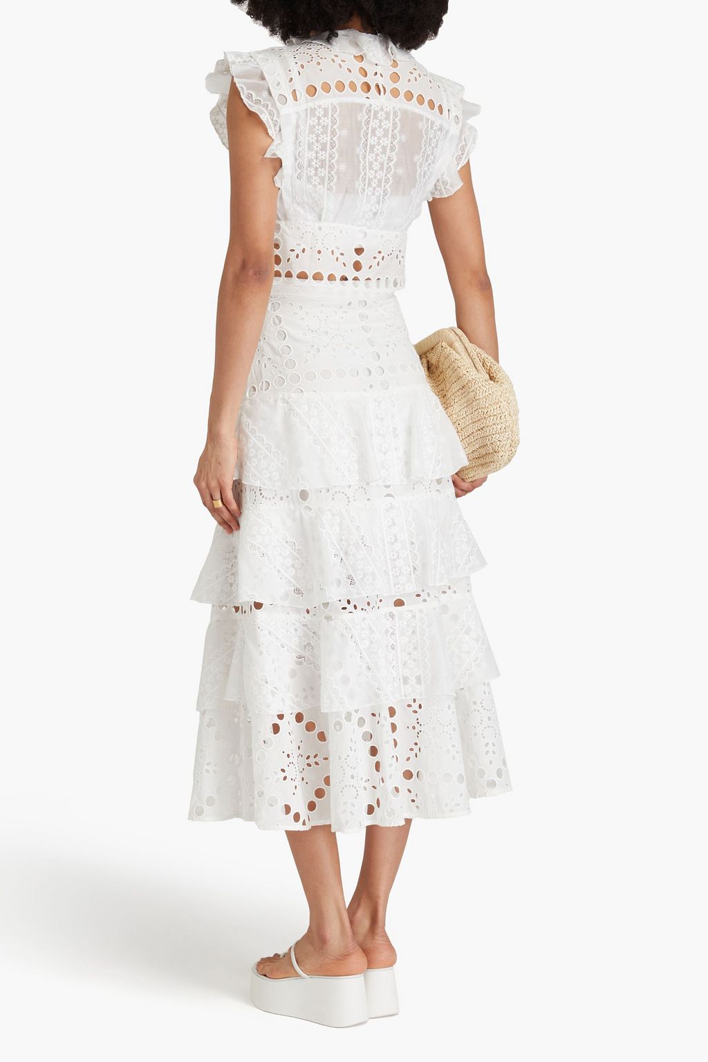 SANDRO Lace-trimmed tiered broderie anglaise cotton-blend midi skirt