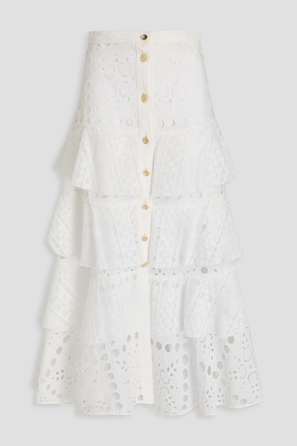 Sandro Lace-trimmed Tiered Broderie Anglaise Cotton-blend Midi Skirt