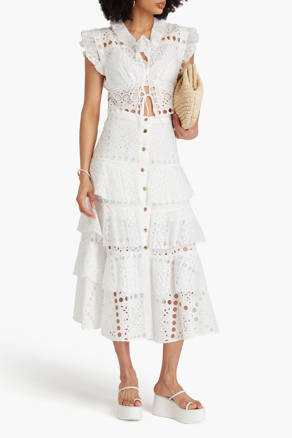 SANDRO Lace-trimmed tiered broderie anglaise cotton-blend midi skirt