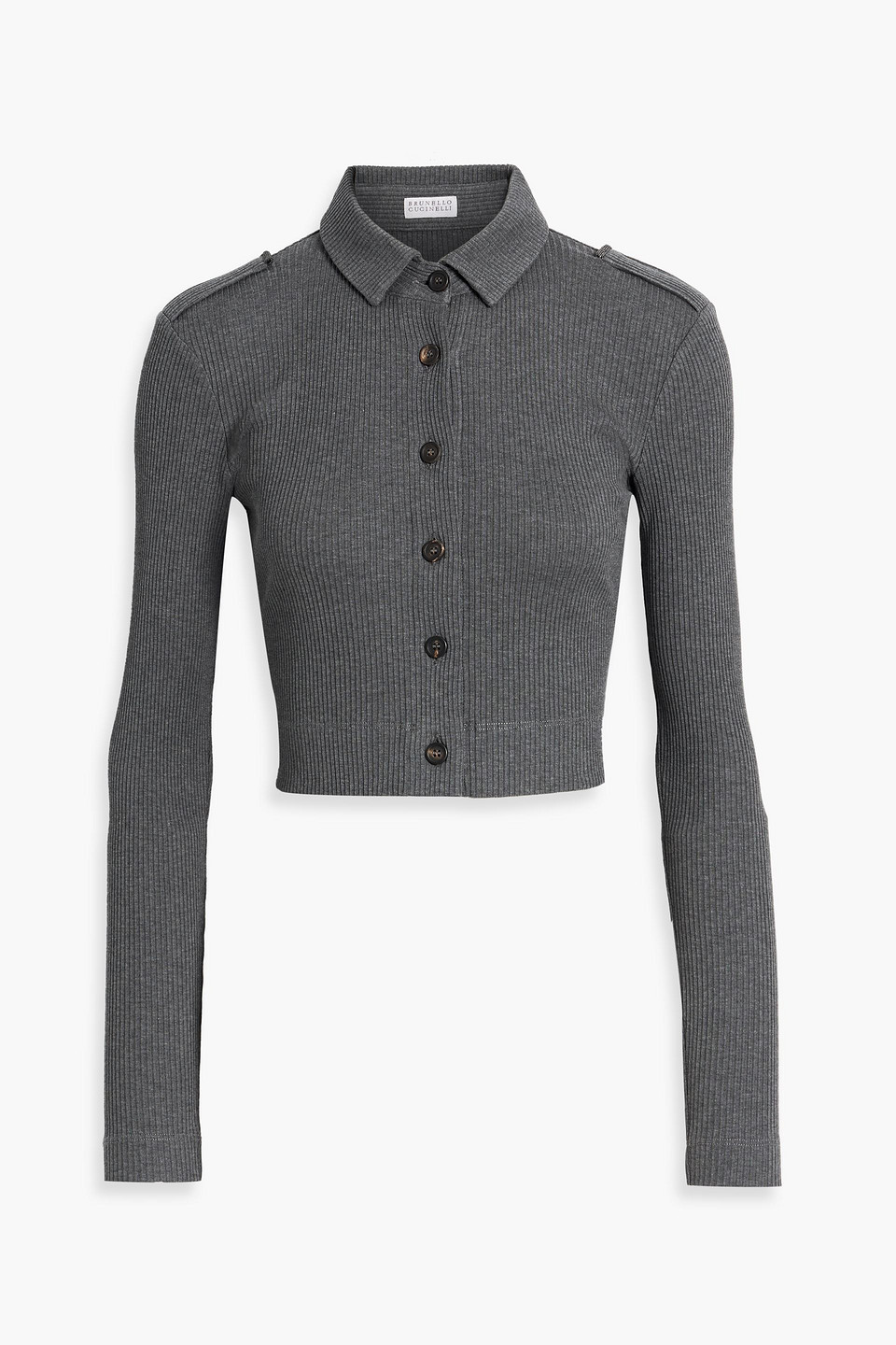 Brunello Cucinelli Cropped Bead-embellished Ribbed Cotton Shirt In Anthracite