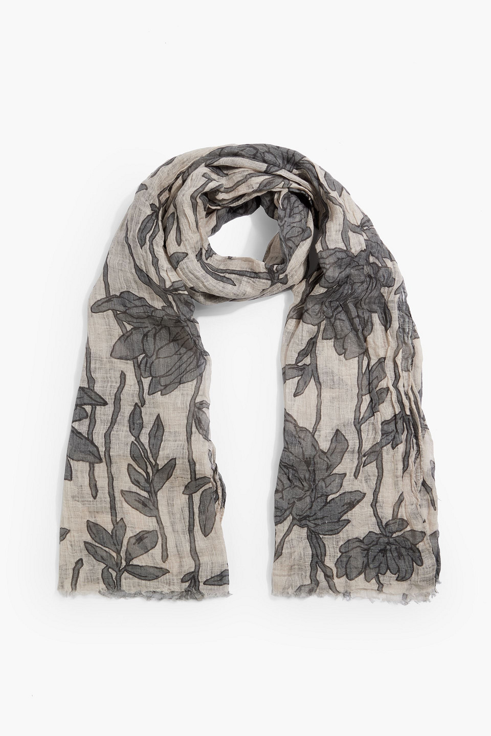 Brunello Cucinelli Frayed Printed Linen-gauze Scarf In Anthracite