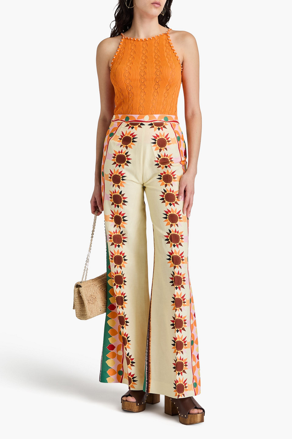 Sandro Printed Slub Woven Wide-leg Pants