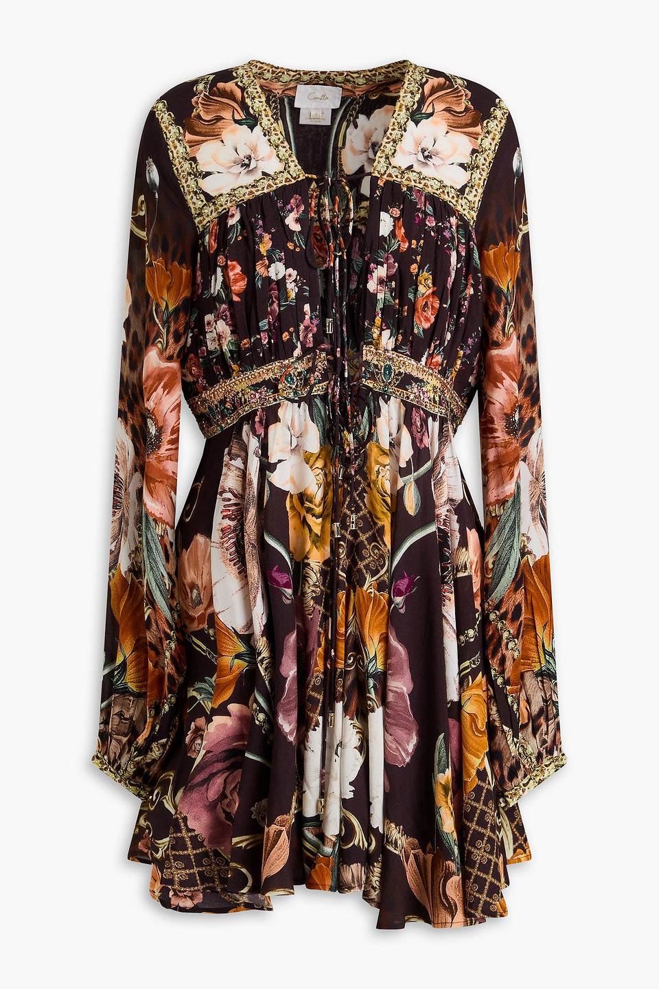 Embellished floral-print mousseline mini dress