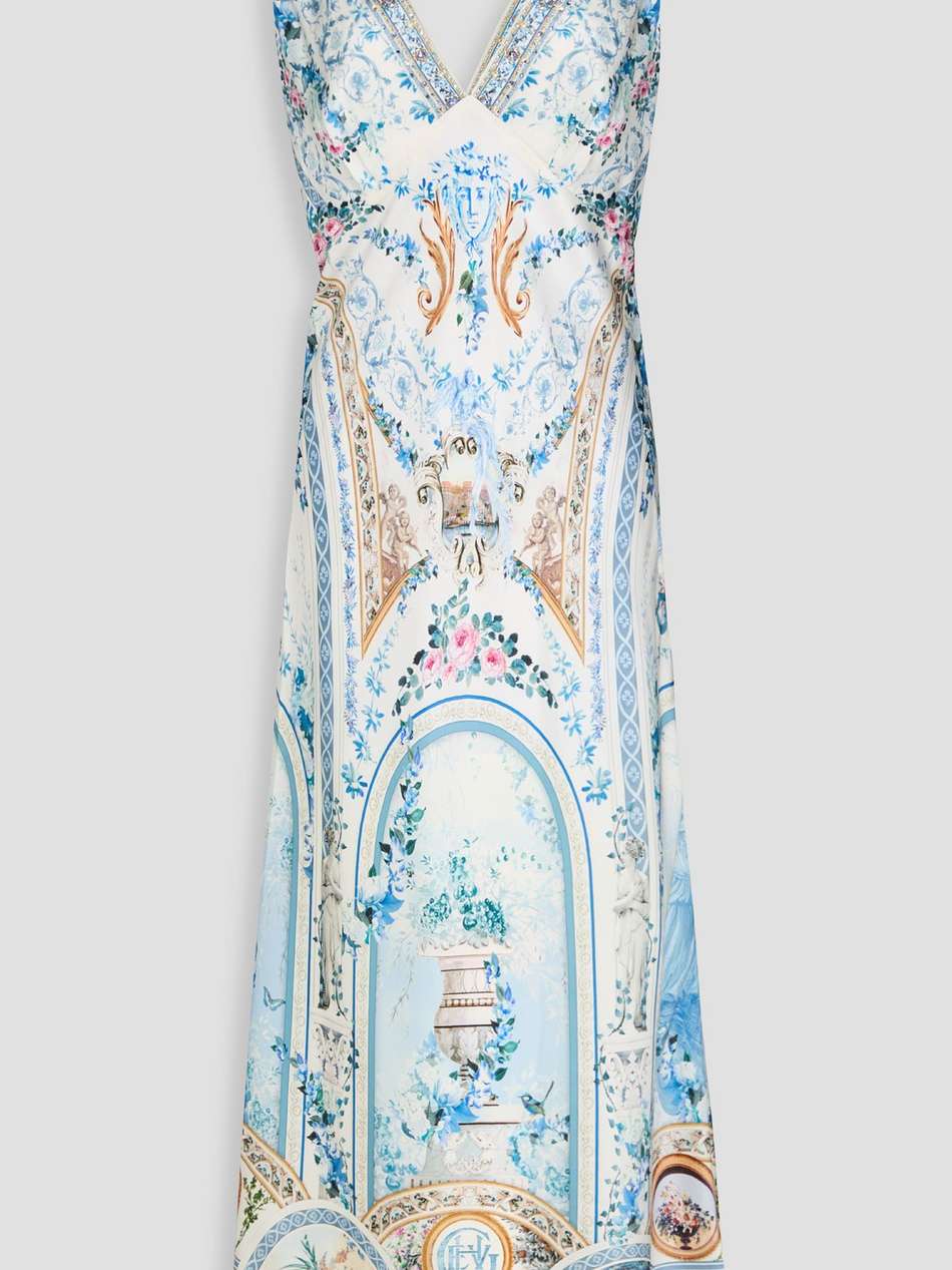 crystal-embellished printed silk-satin midi dress
