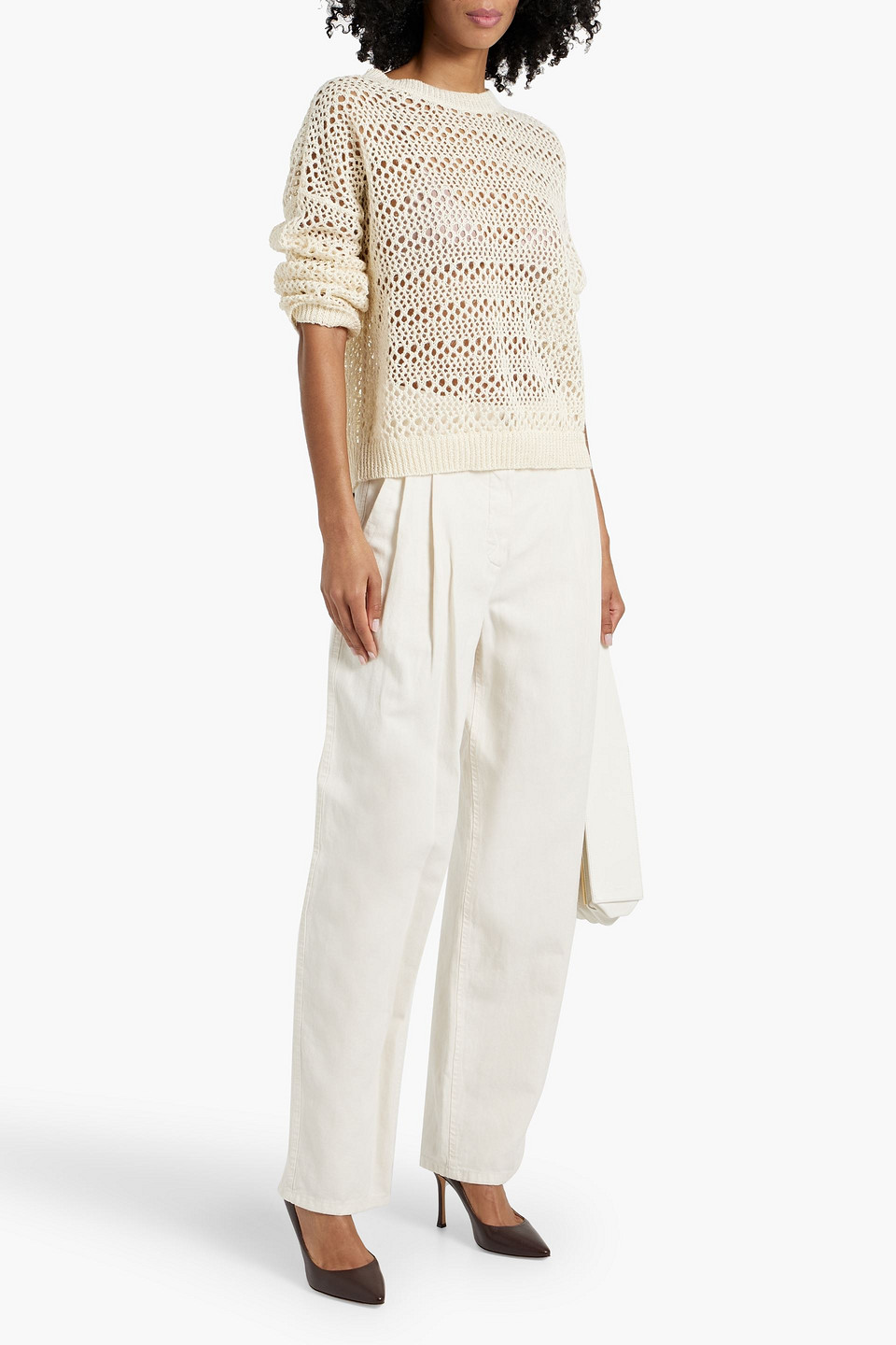 BRUNELLO CUCINELLI OPEN-KNIT LINEN AND SILK-BLEND SWEATER