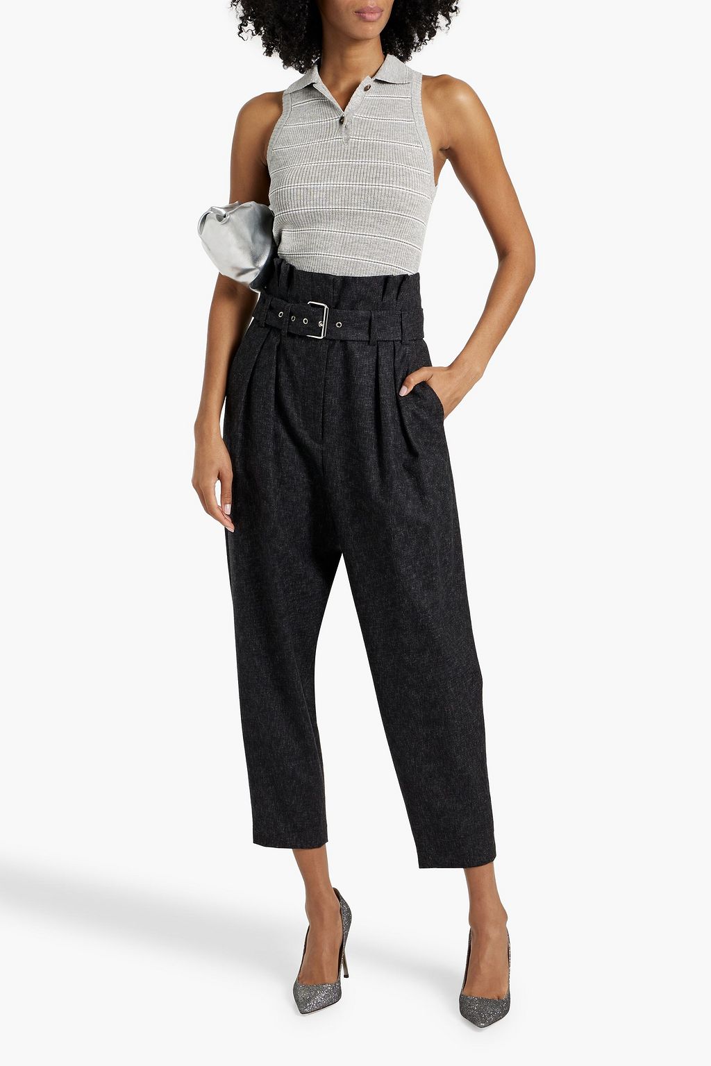 BRUNELLO CUCINELLI 메탈릭 스트라이프 리브 니트 탑