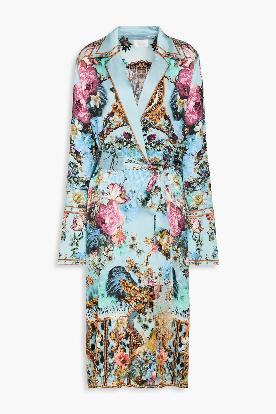 Camilla Crystal-embellished Printed Silk-satin Coat In Sky Blue