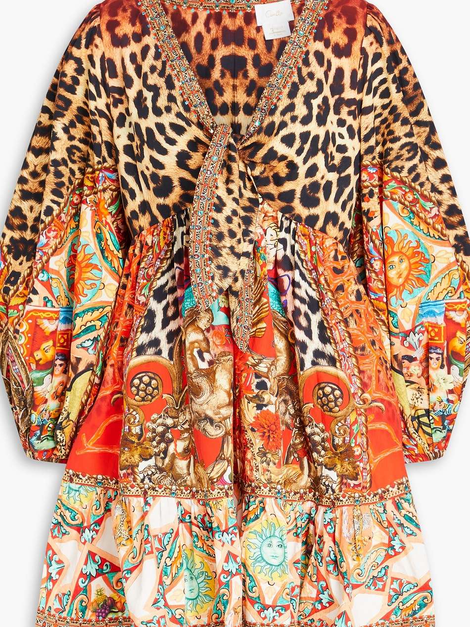 knotted crystal-embellished printed cotton-poplin mini dress