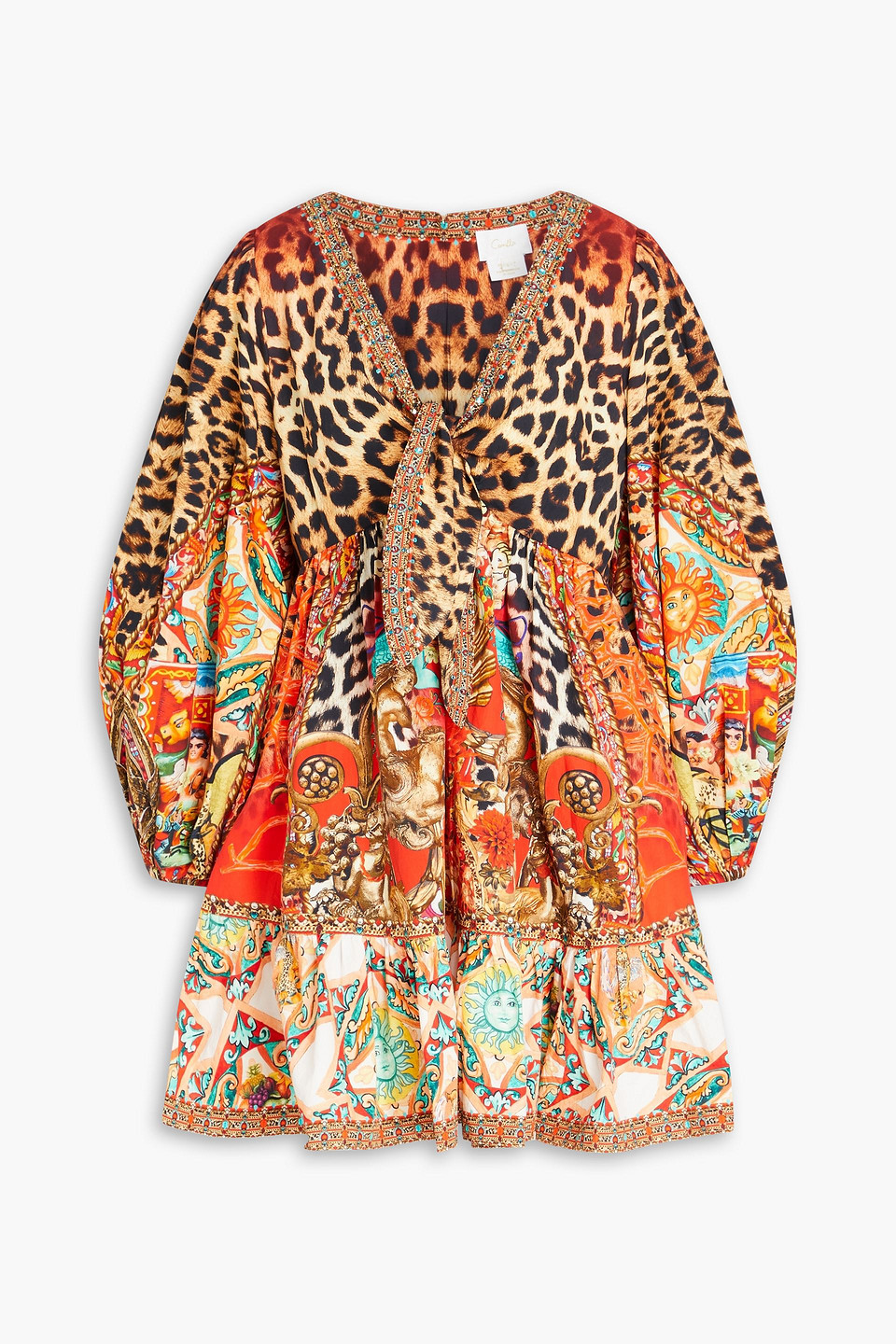 Knotted crystal-embellished printed cotton-poplin mini dress