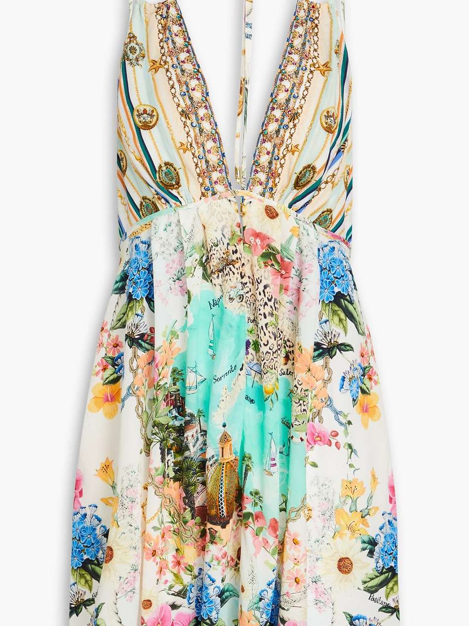 crystal-embellished printed silk crepe de chine mini dress